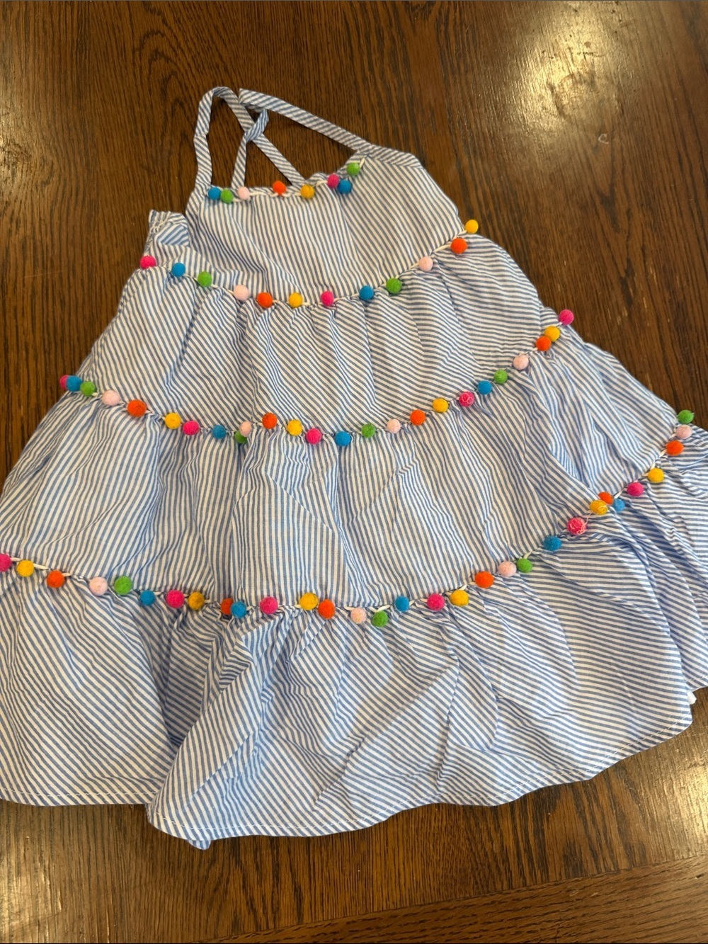 Tommy Bahama Blue and White Striped Girls Sundress with Multicolor Pom-Poms • 4